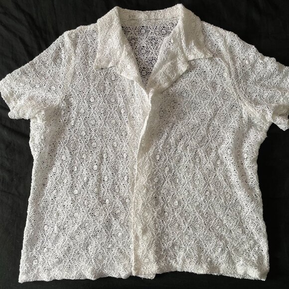 White Mesh Button Up Short Sleeve Collared Blouse - Picture 5 of 5